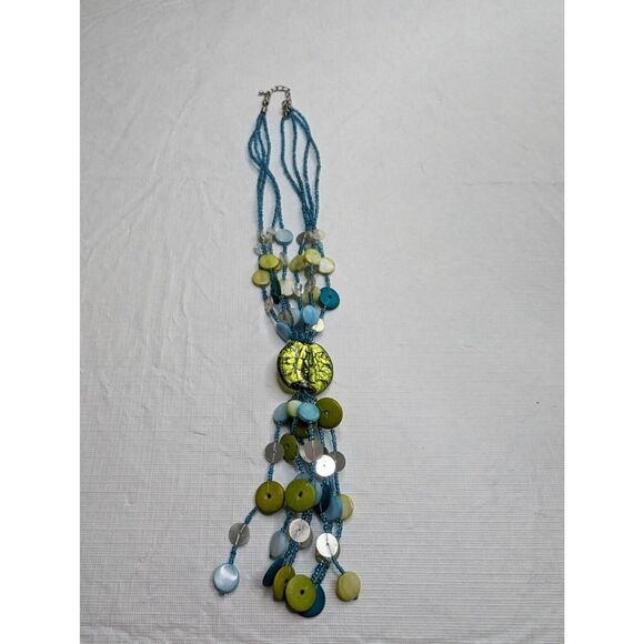 Vintage Multi Strand Seed Bead and Disc Bead Necklace Blue and Green - Picture 3 of 5